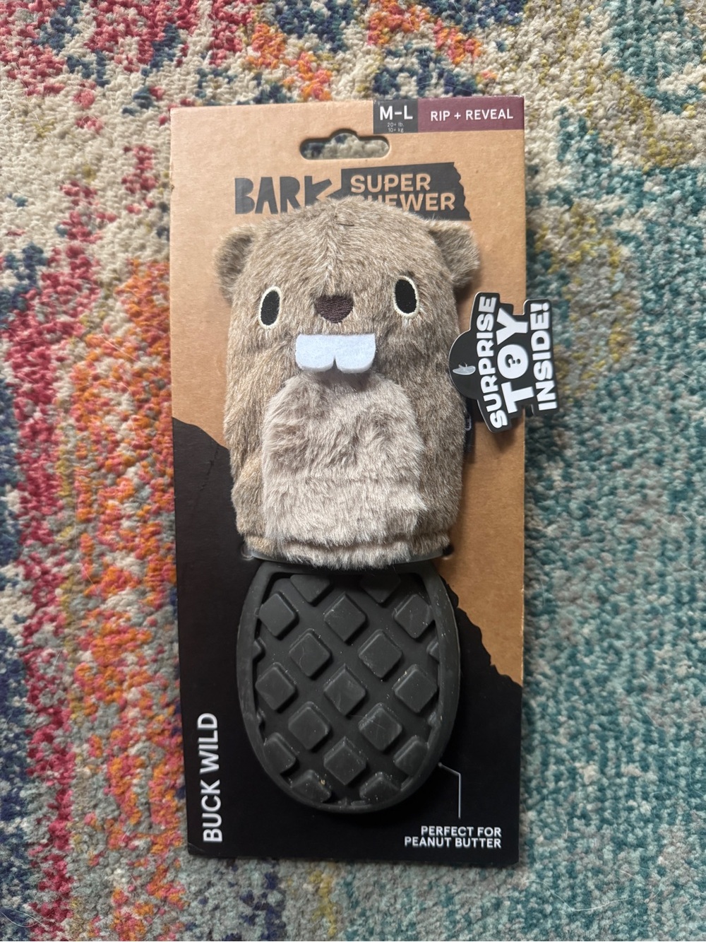 bark brand super chewer beaver toy with black rubber tail base